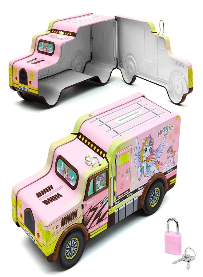 VGRASSP Unicorn Theme Metal Bus Piggy Bank Toy for Kids - Cute Money Safe with Lock and 2 Keys - Gullak Coin Box Gift for Boys and Girls - Color As Per Stock - Image 1